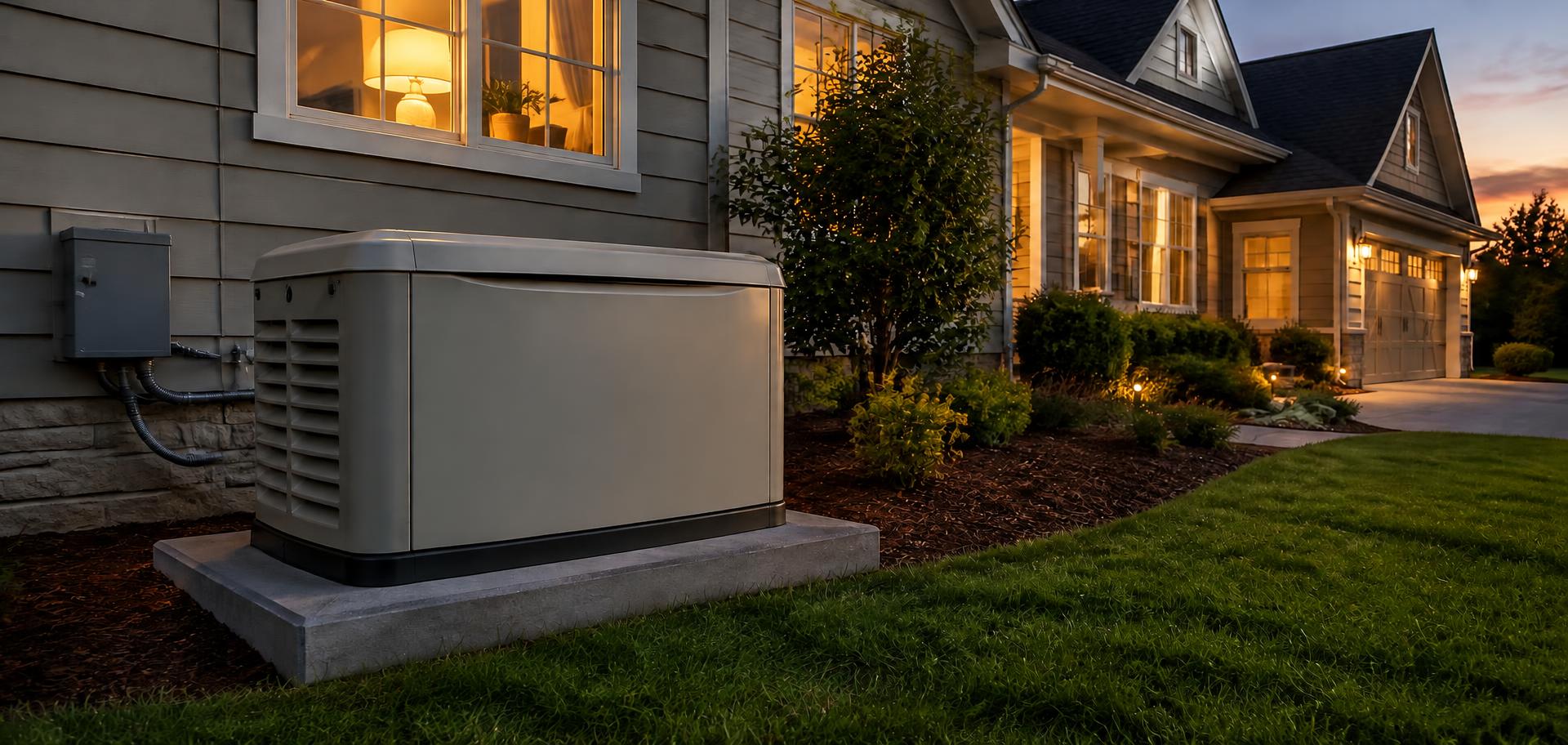 Whole-house standby generator installed beside a home at dusk